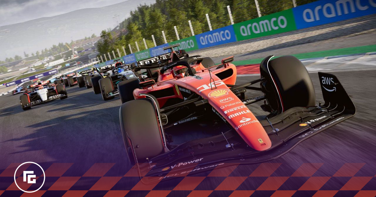F1 23 in-game image of a red Ferarri F1`car leading the pack on a track.