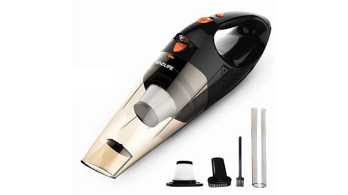 Best car vacuum cleaner VacLife product image of a black handheld device with a clear front and orange buttons.
