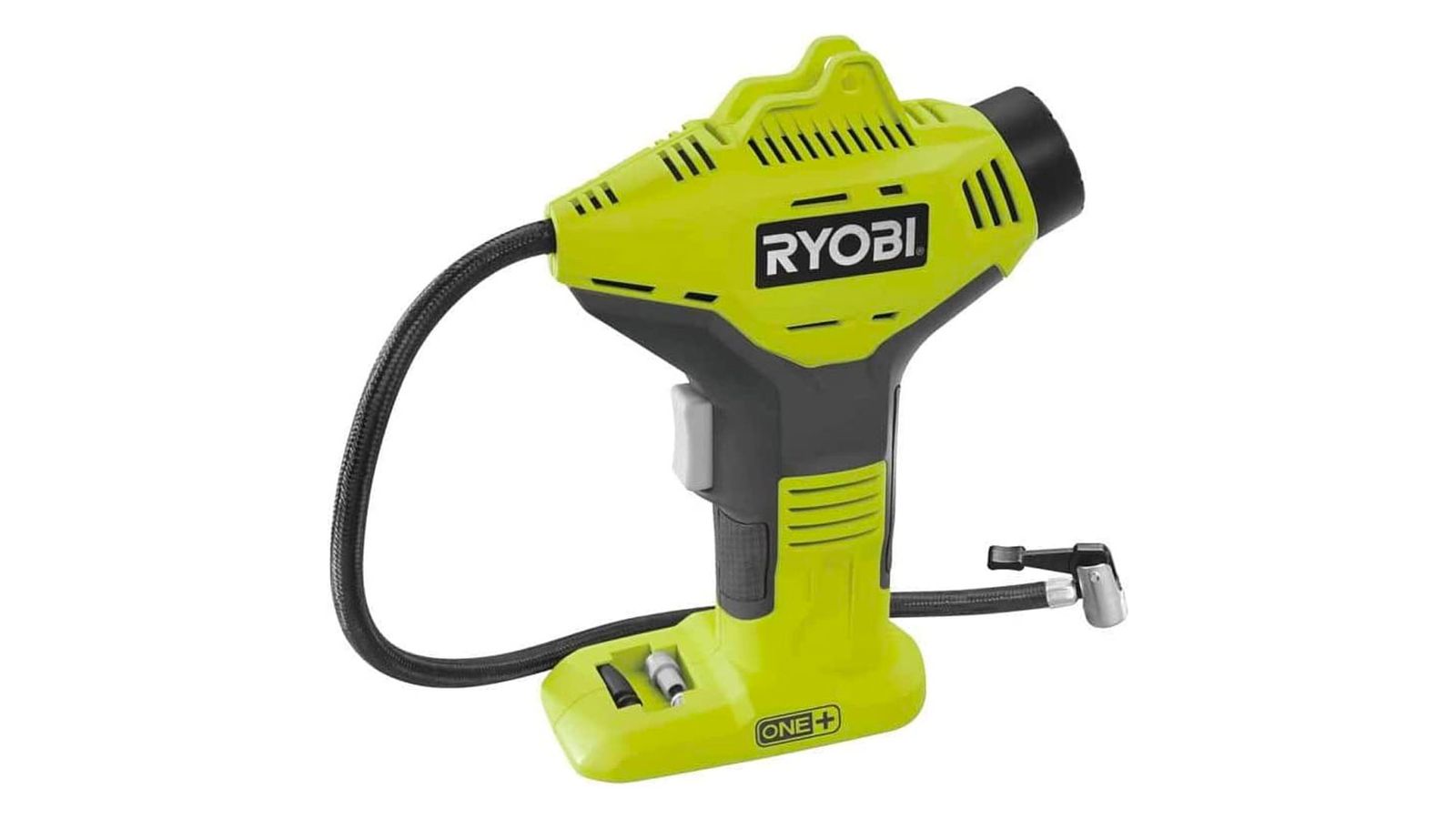 Ryobi R18PI-0 High Pressure Inflator product image of a light green and black machine with Ryobi branding on the side.