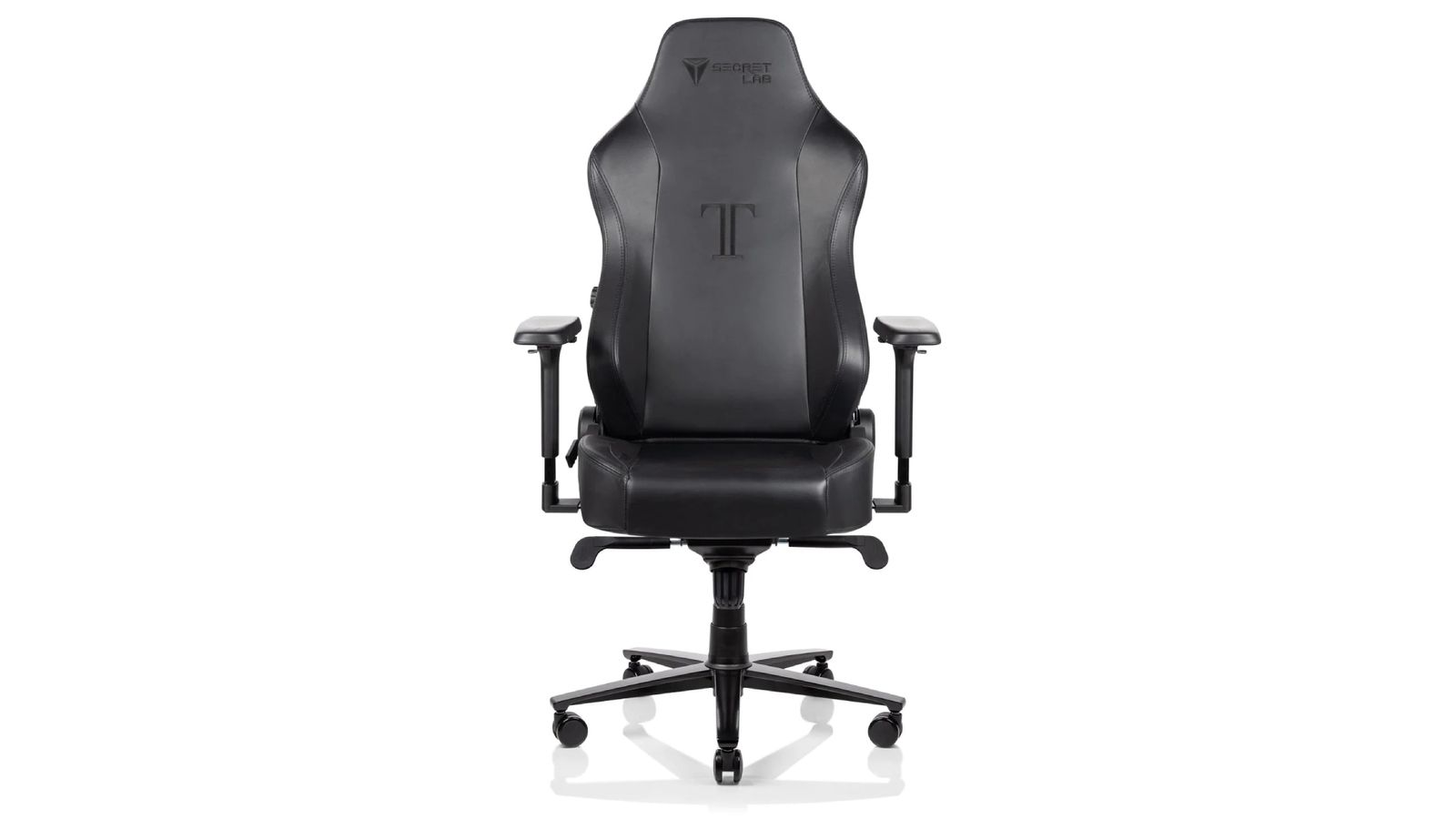 Secretlab TITAN 2020 product image front-on of an all-black gaming chair featuring a T logo in the centre.
