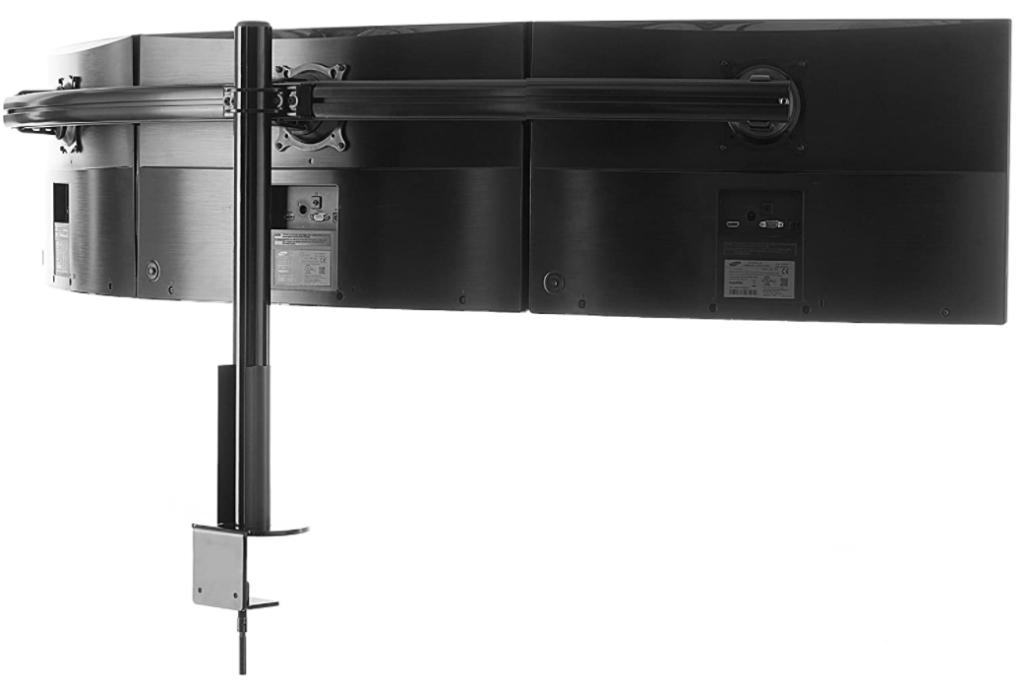 ECHOGEAR 3 Monitor Desk Stand product image of a curved, black triple monitor stand with three monitors attached.