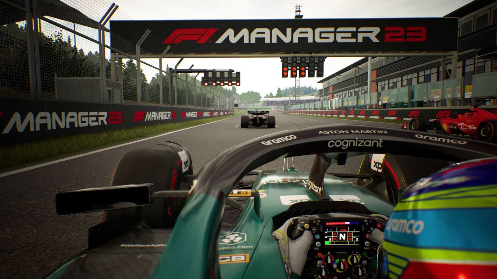 On board with Fernando Alonso as he waits for the lights to go out at the start of the Belgian Grand Prix in F1 Manager 2023