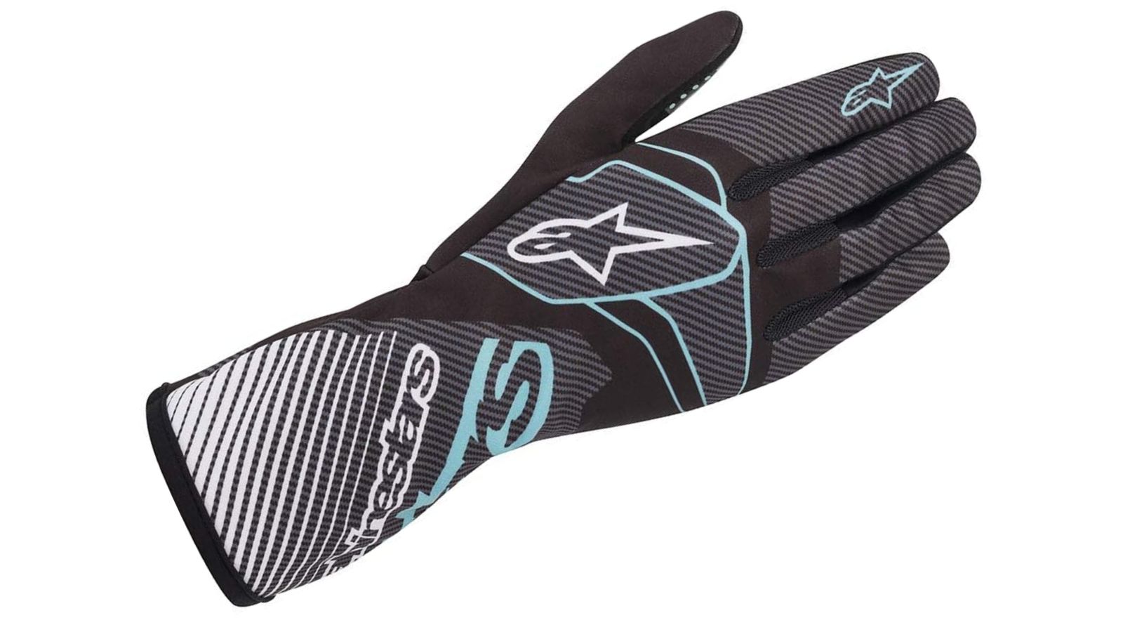 Alpinestars Tech 1-K Race V2 product image of a black racing glove with white and light blue trim.