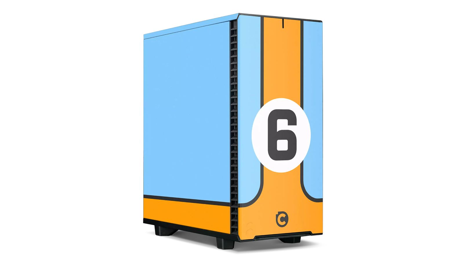 Chillblast Legends Gran Tour PC product image of a desktop encased in a light blue and orange Gulf livery.