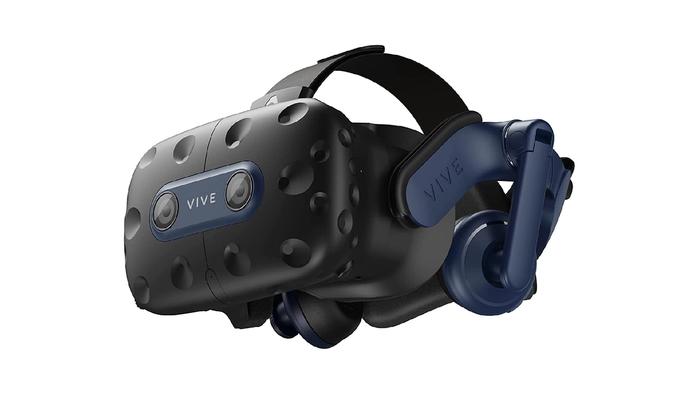 Best racing VR headset - VIVE Pro 2 product image of a black and dark blue VR headset that goes over your head.