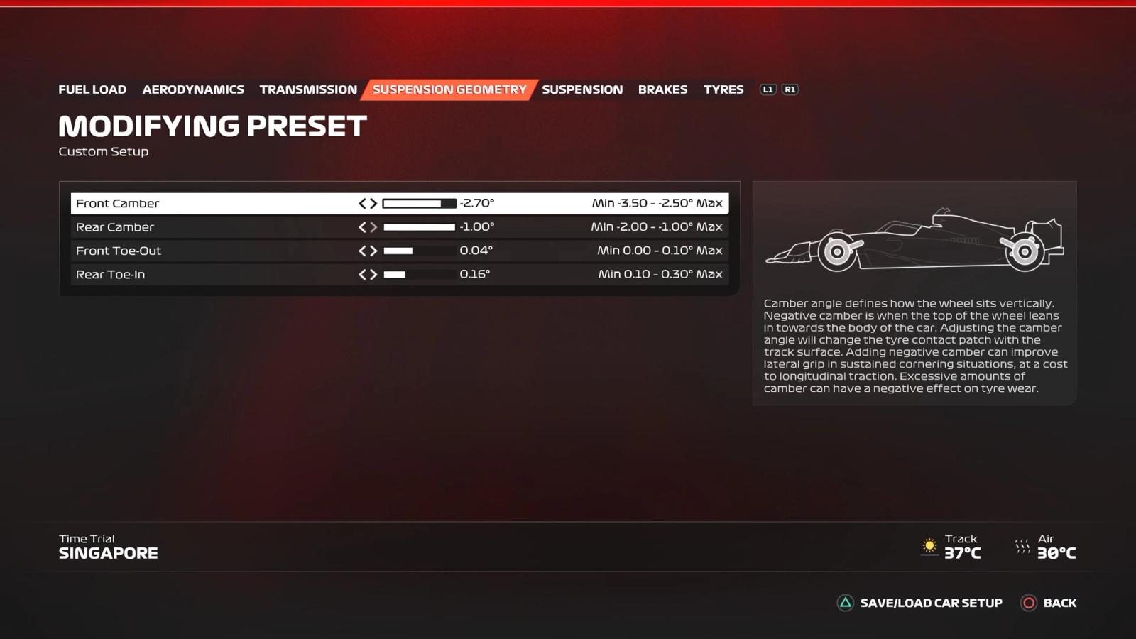 F1 23 Singapore setup suspension geometry screen showing the ideal settings