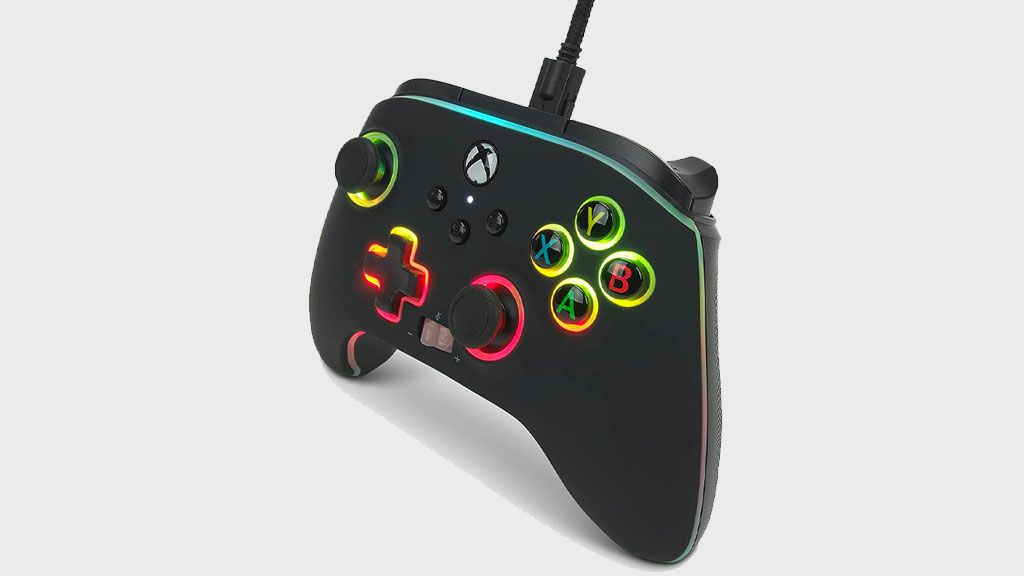 PowerA Spectra Infinity Enhanced product image of a black Xbox-style controller featuring multicoloured lighting.