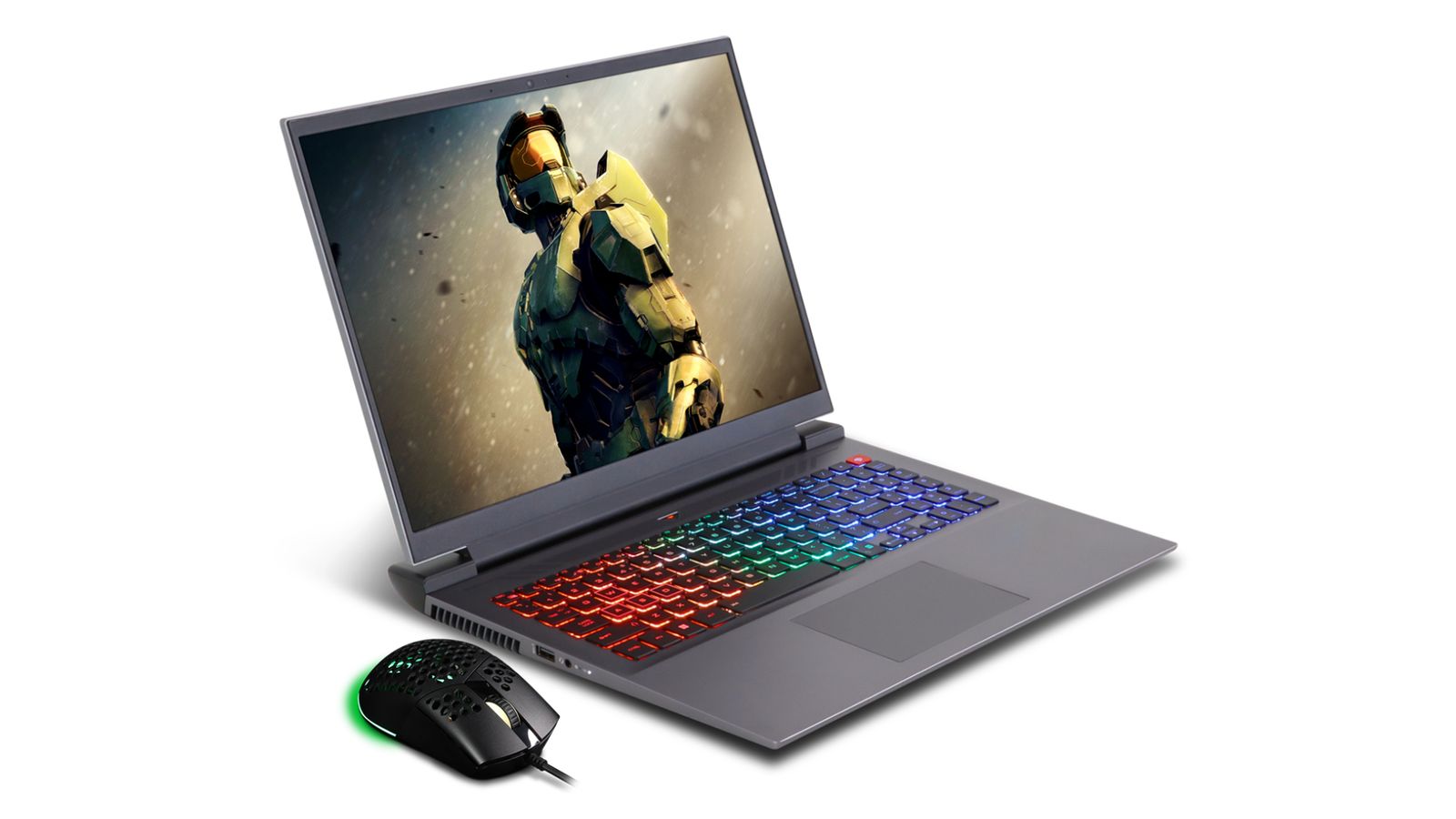 Chillblast Defiant product image of a dark grey laptop with multicoloured back-lit keys and the Halo Master Chief on the display.