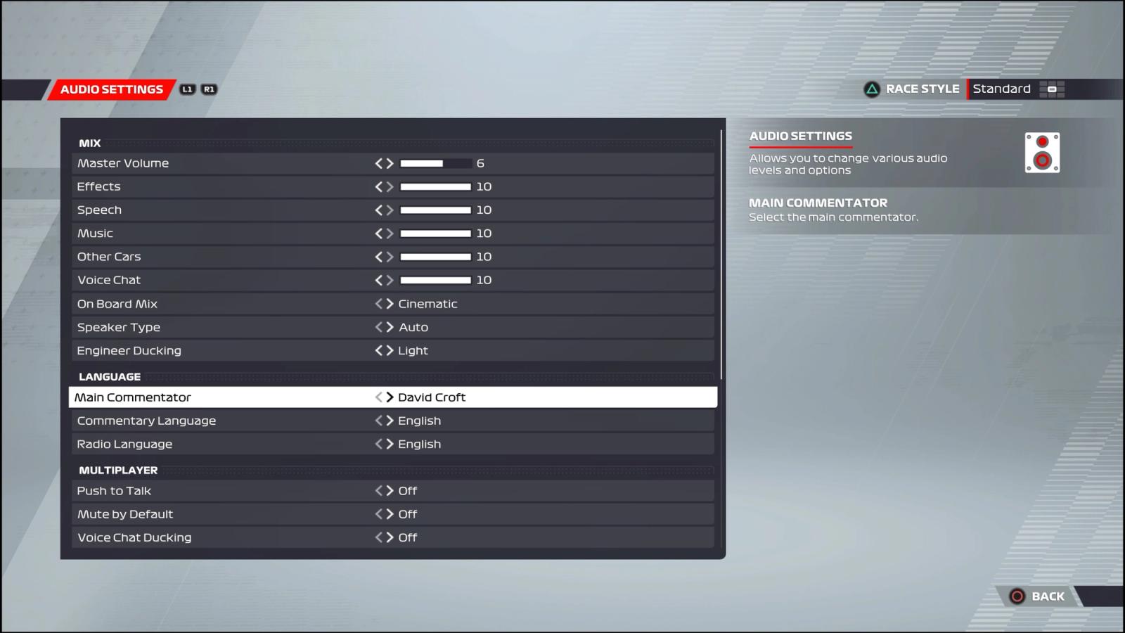 F1 22 game audio settings