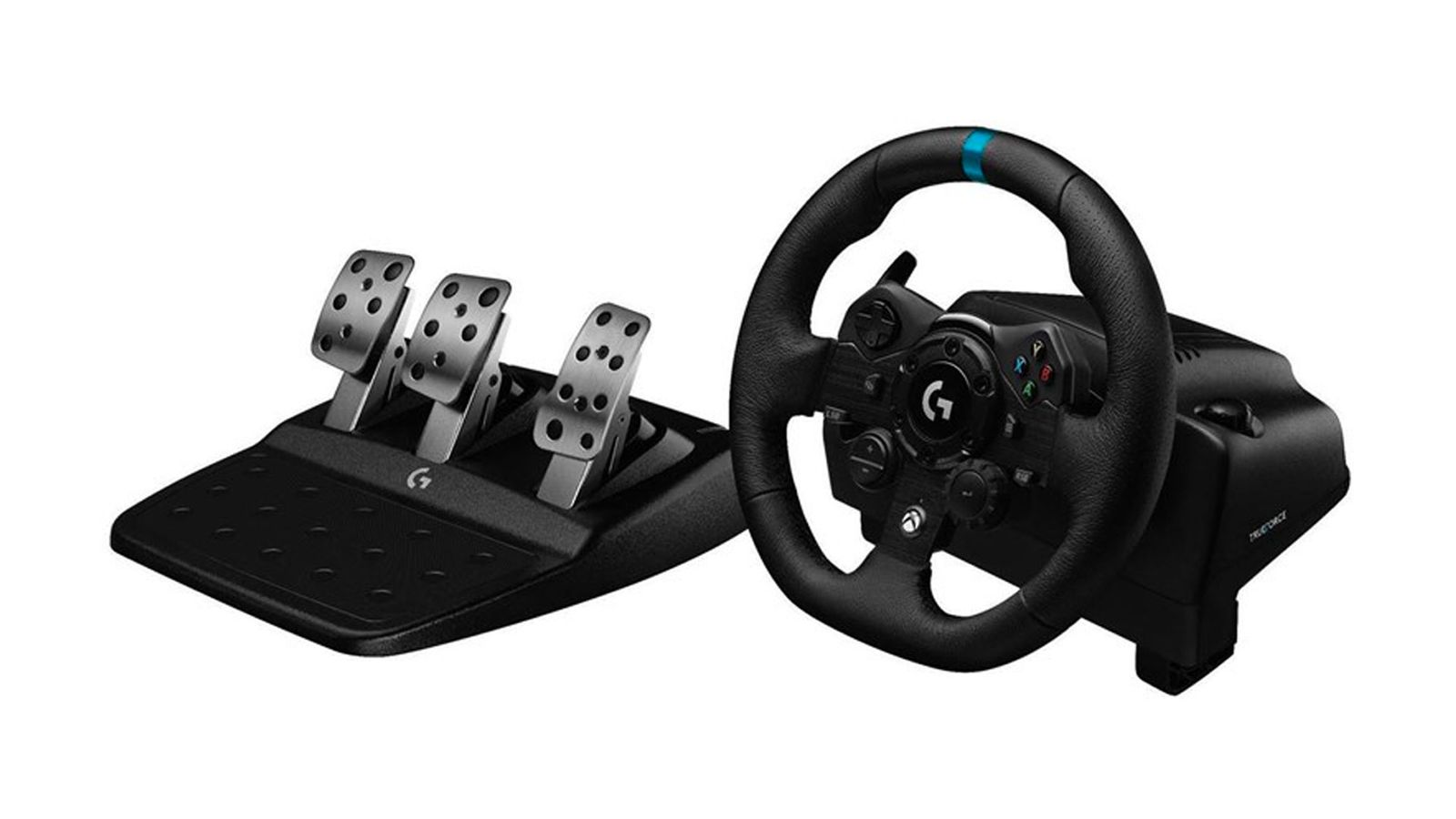 Logitech G293 product image of a black sim racing wheel with a blue line on the rim next to a set of metal pedals.