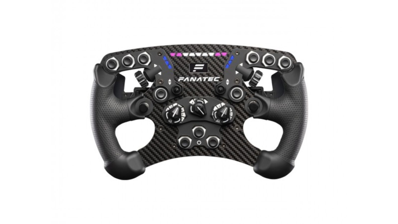 Fanatec Clubsport Steering Wheel Formula v2.5 product image of a black F1-style wheel with multiple buttons on the console.
