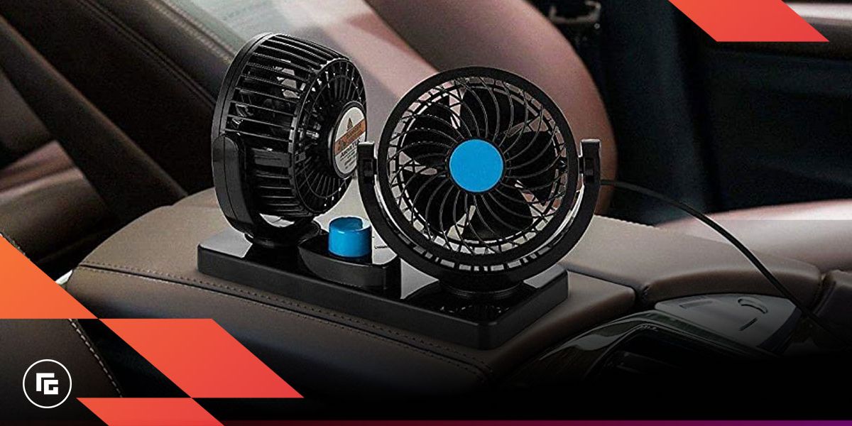 Image of two black car fans with blue centres on the centre console.