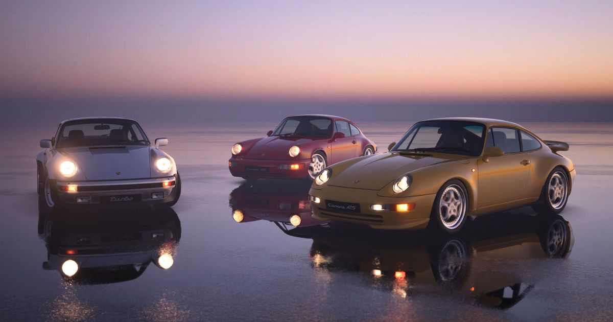 Gran Turismo 7 in-game image of three Porsches lined up in front of a sunset, one in yellow, one in red, and one in white.
