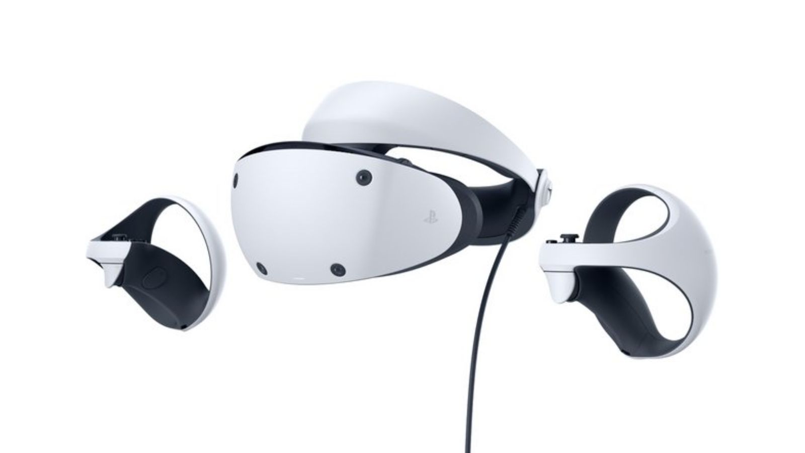 PlayStation VR2 product image of a white and black VR headset with two circular controllers.