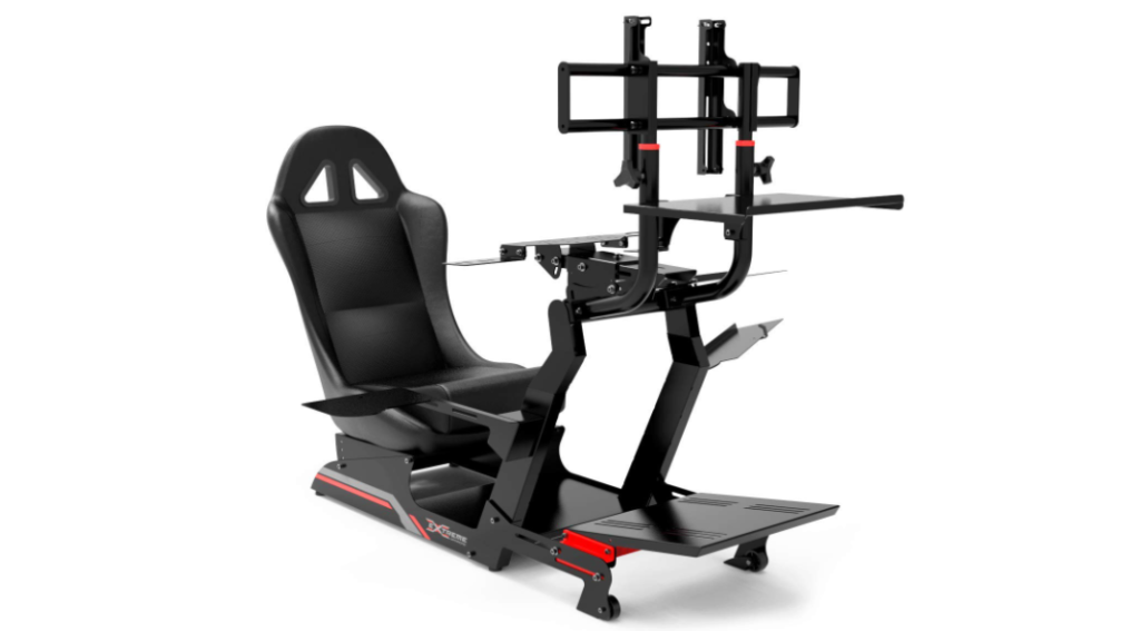 Extreme Simracing Cockpit 3.0 product image of a black racing cockpit featuring a chair, wheel stand, and monitor mount.