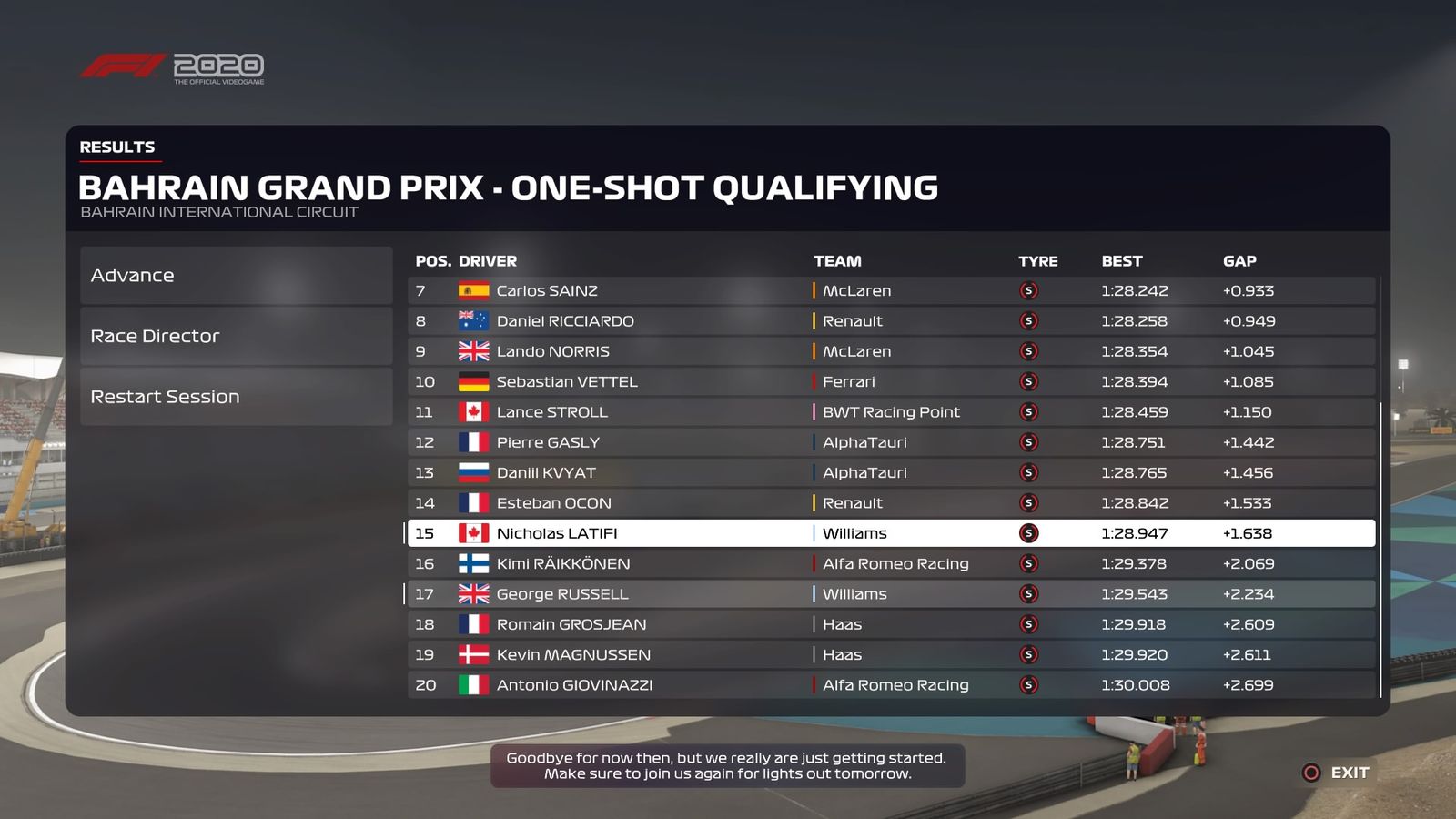 F1 2020 Bahrain GP Sakhir International Circuit  one-shot qualifying