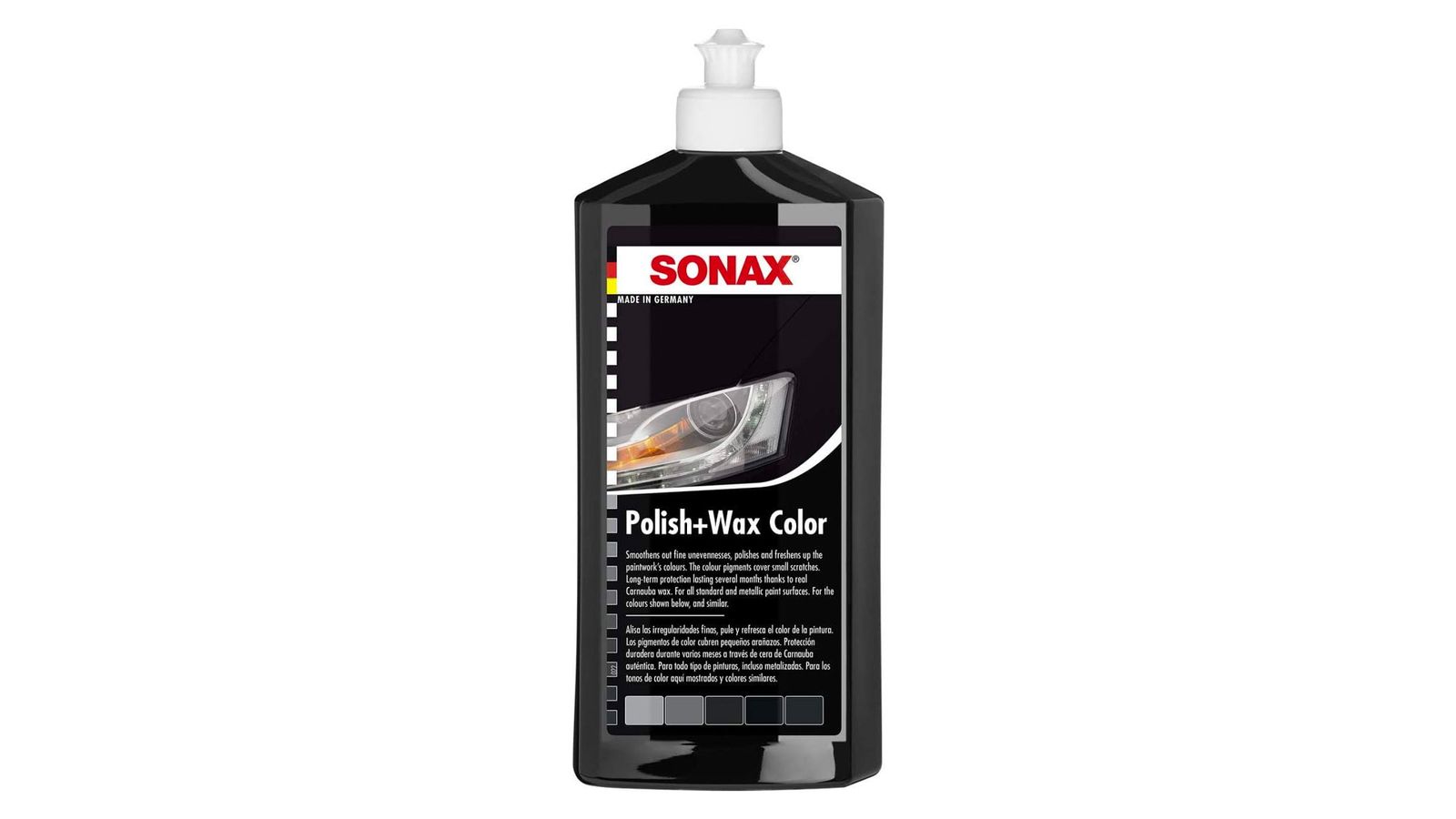 SONAX Polish Wax Colour Nano Pro product image of a black bottle with a white cap.