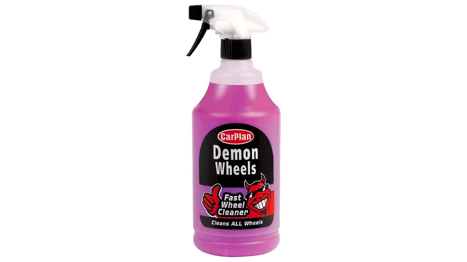 CarPlan Demon Wheels product image of a clear spray bottle containing a pink cleaning product, plus black and red labels.