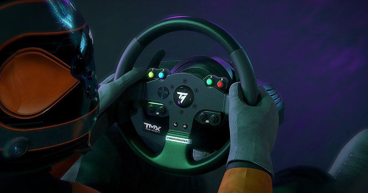 Someone in gloves and a black and orange helmet using a black Thrustmaster racing wheel.