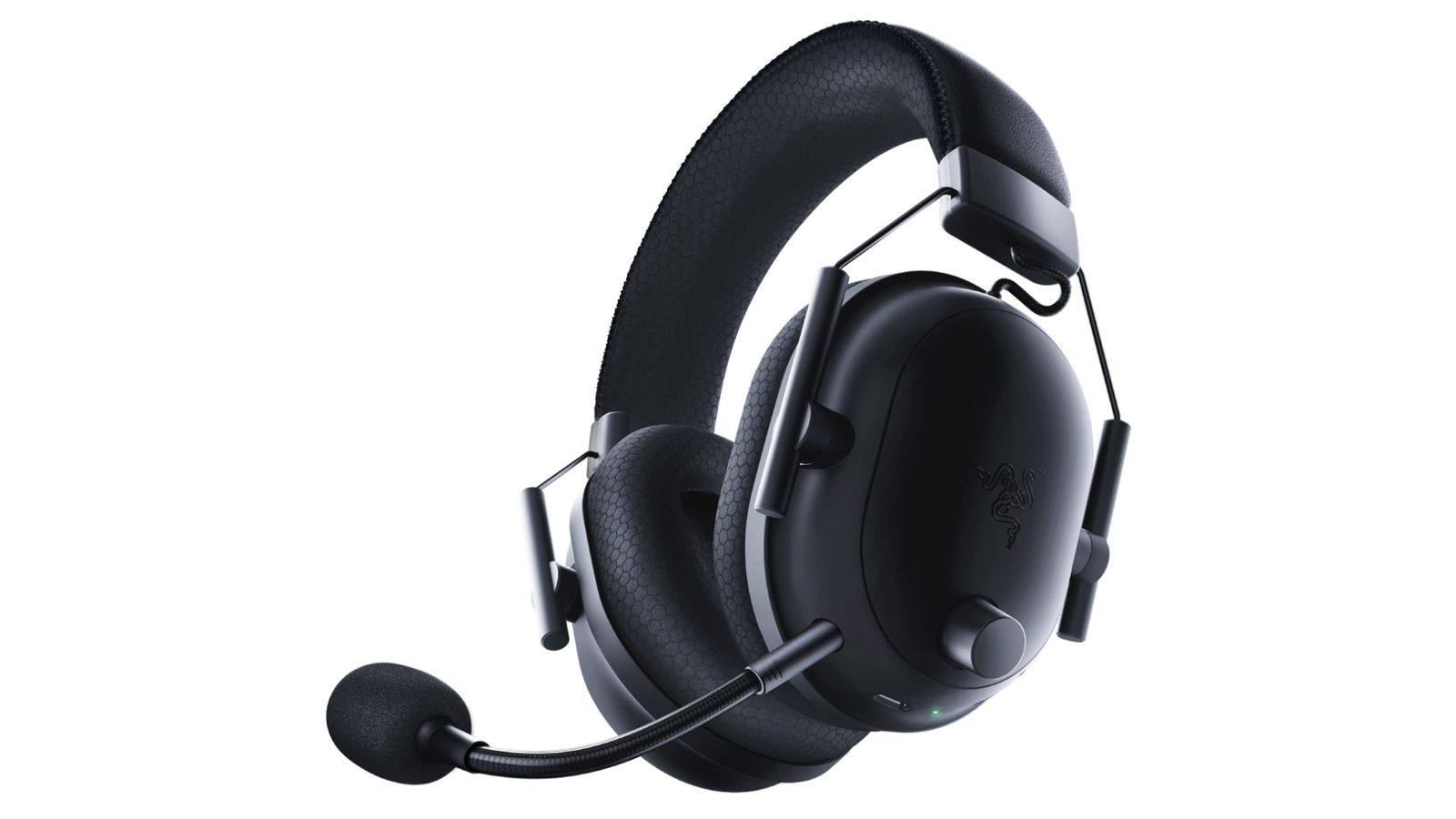 Razer Blackshark V2 Pro product image of an all-black over-ear headset featuring a mic that extends around the front.