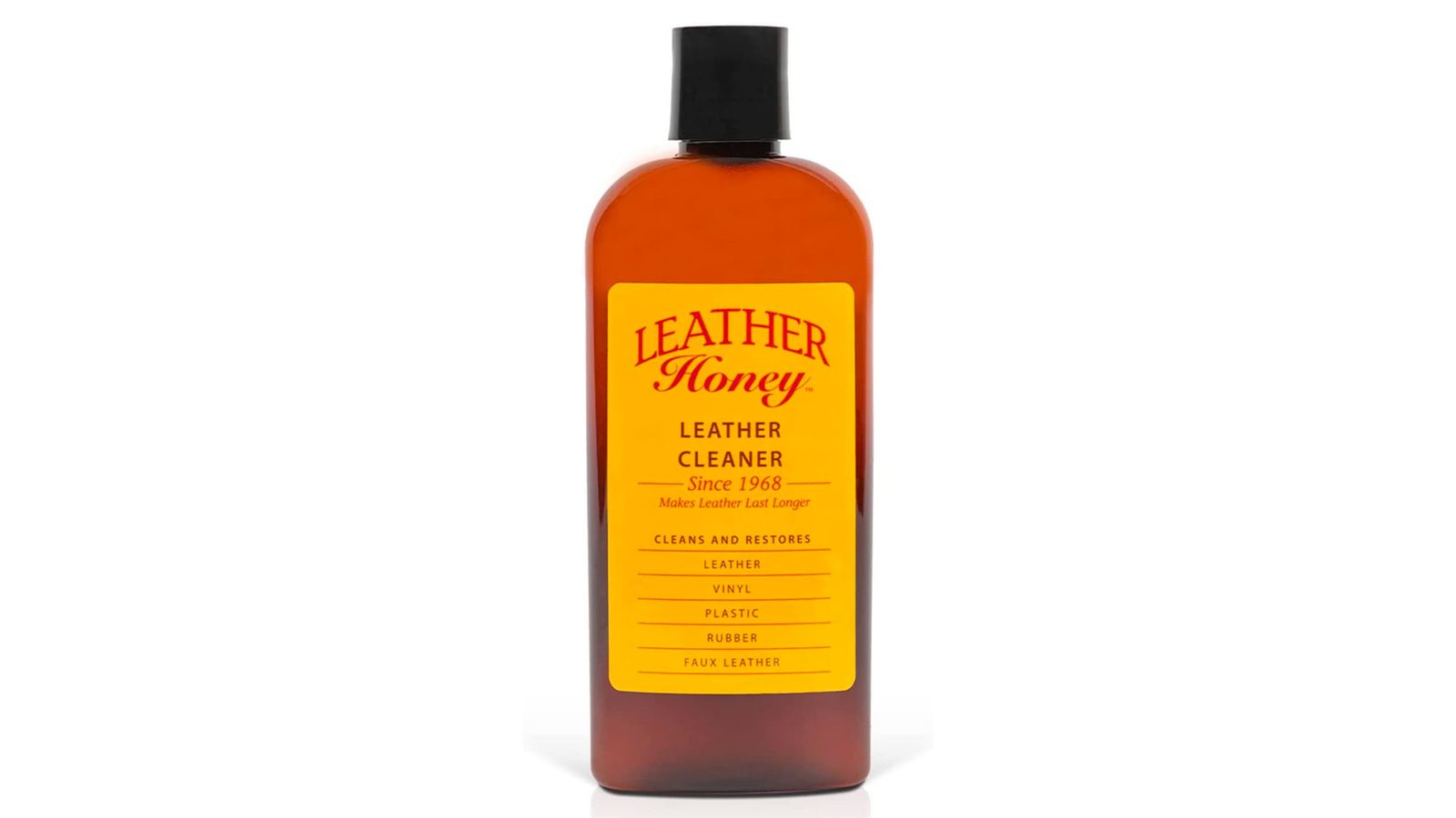 Leather Honey Leather Cleaner product image of a brown bottle with a black cap and yellow labelling.