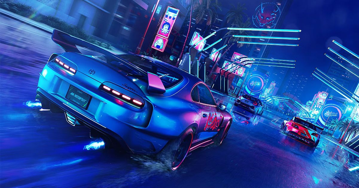 A blue Toyota with a spoiler racing down a road lit in blue behind a red and a blue car.
