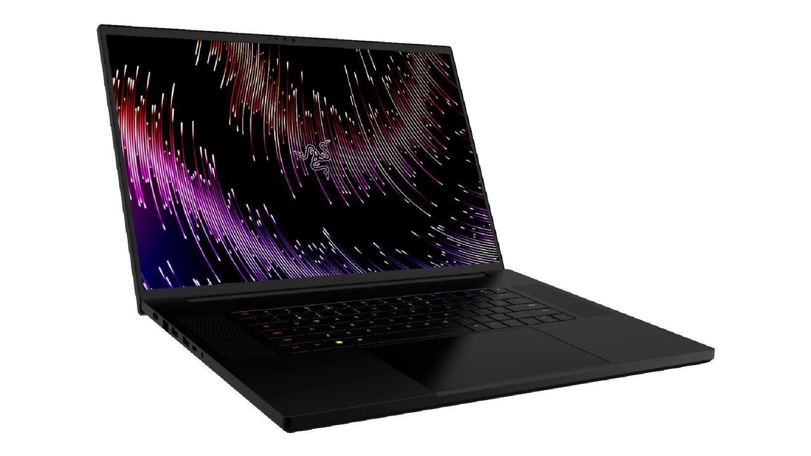 Razer Blade 18 product image of a black laptop with a red, pink, and purple pattern featuring Razer branding on the display.