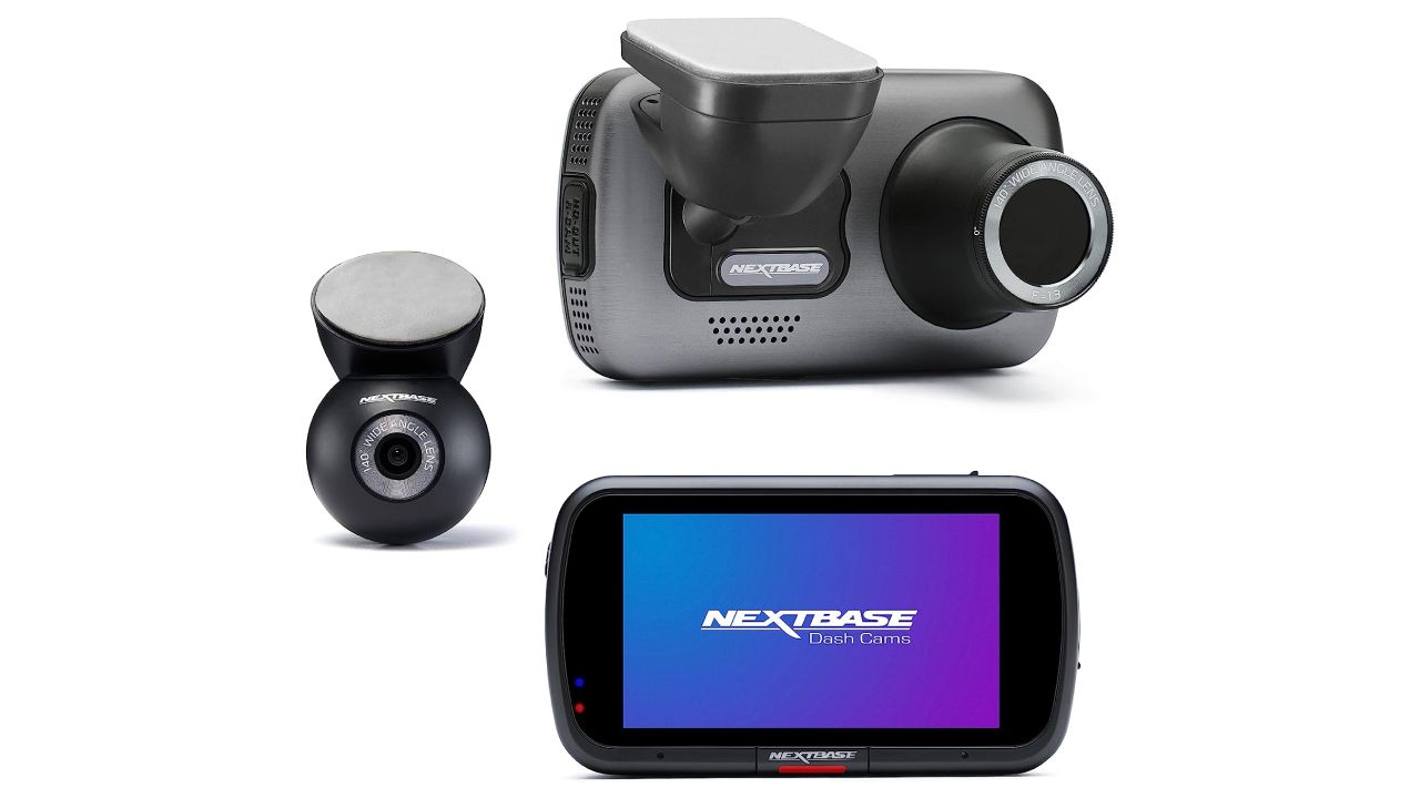 Nextbase 622GW product image of a dark grey front and rear camera next to a monitor with a blue and purple background on the display.