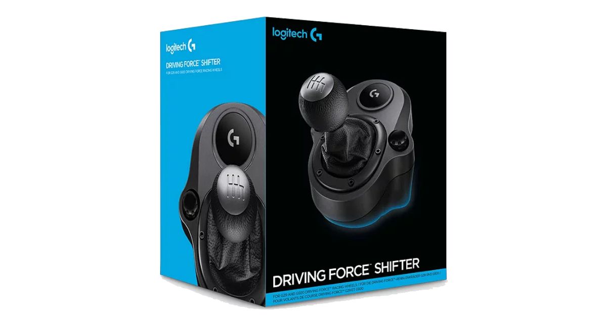A black and blue box featuring an image of a black Logitech gear shifter on the front and side.