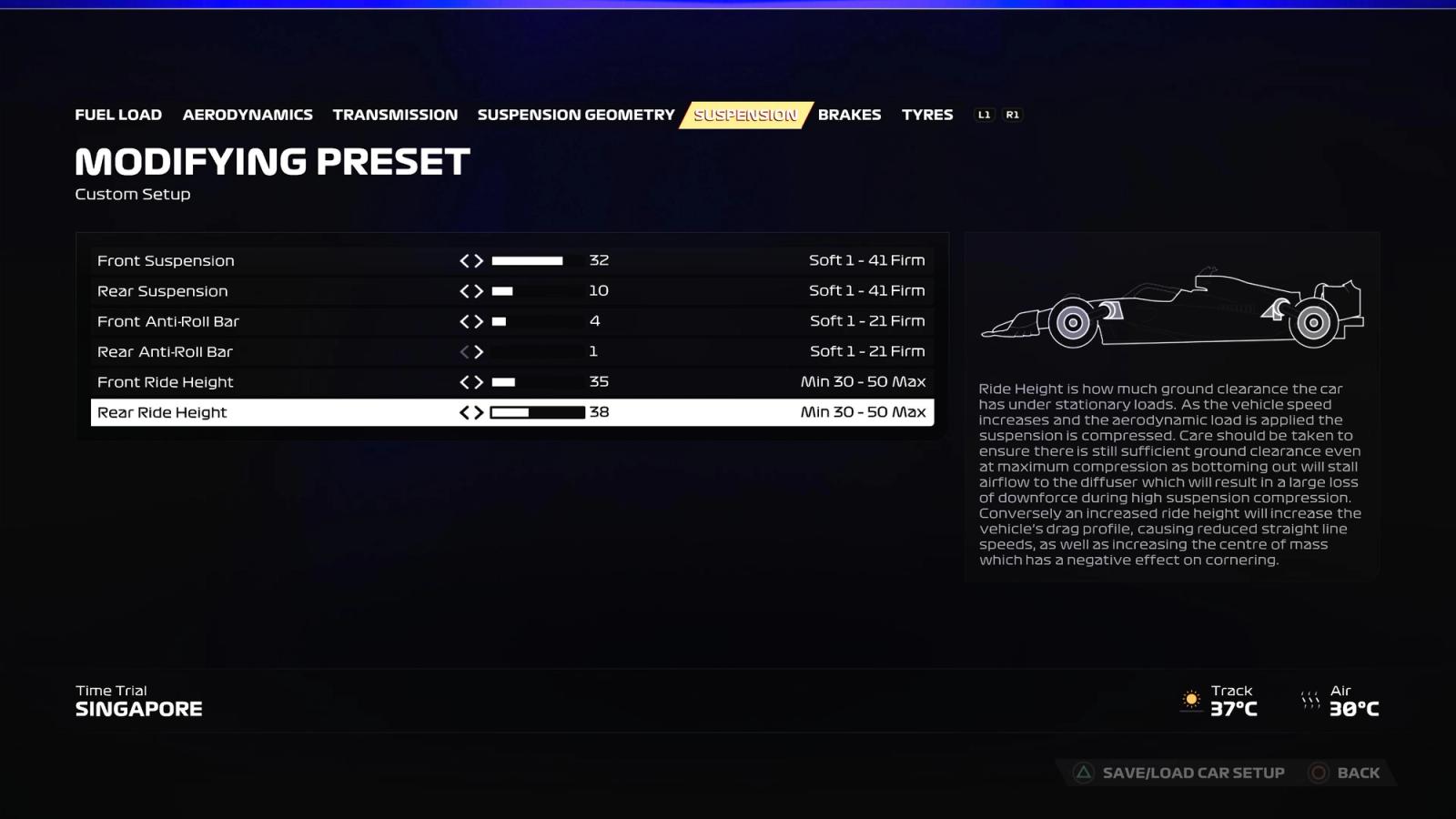 F1 23 Singapore setup suspension screen showing the ideal settings