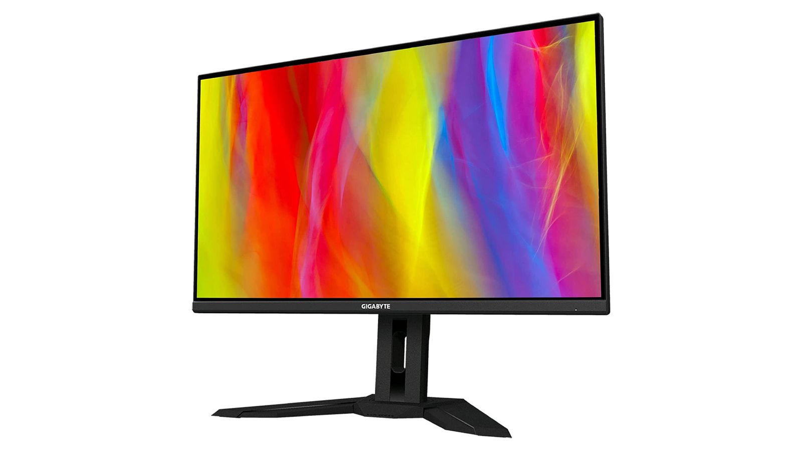 Gigabyte M32U product image of a black monitor with yellow, red, pink, purple, and blue streaks across the display.