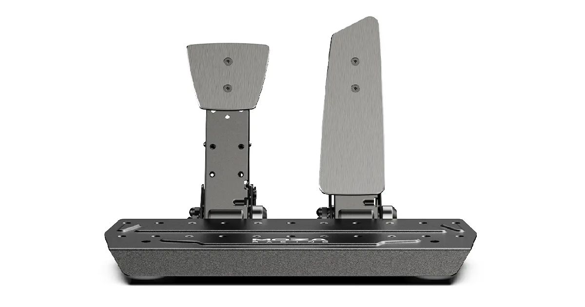 MOZA SR-P product image of a two-pedal set of sim racing pedals in black and dark grey.