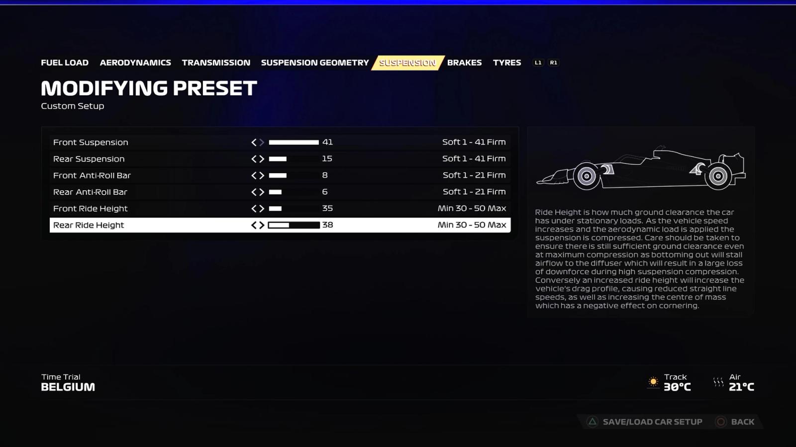 F1 23 Belgium setup suspension screen showing the ideal settings