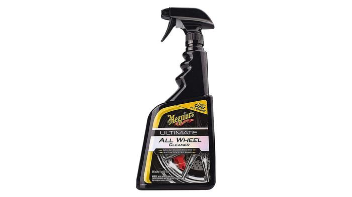 Best alloy wheel cleaner Meguiar's product image of a black spray bottle with a golden yellow label and an image of an alloy wheel on the front.