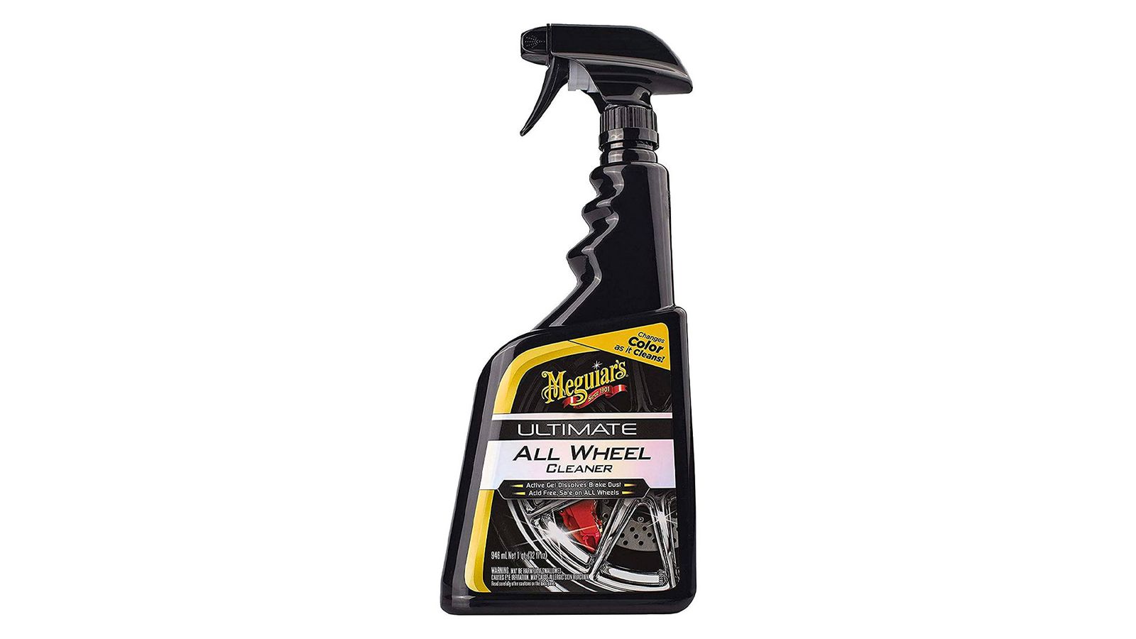 Meguiar's Ultimate All Wheel Cleaner product image of a black spray bottle with a golden yellow label and an image of an alloy wheel on the front.