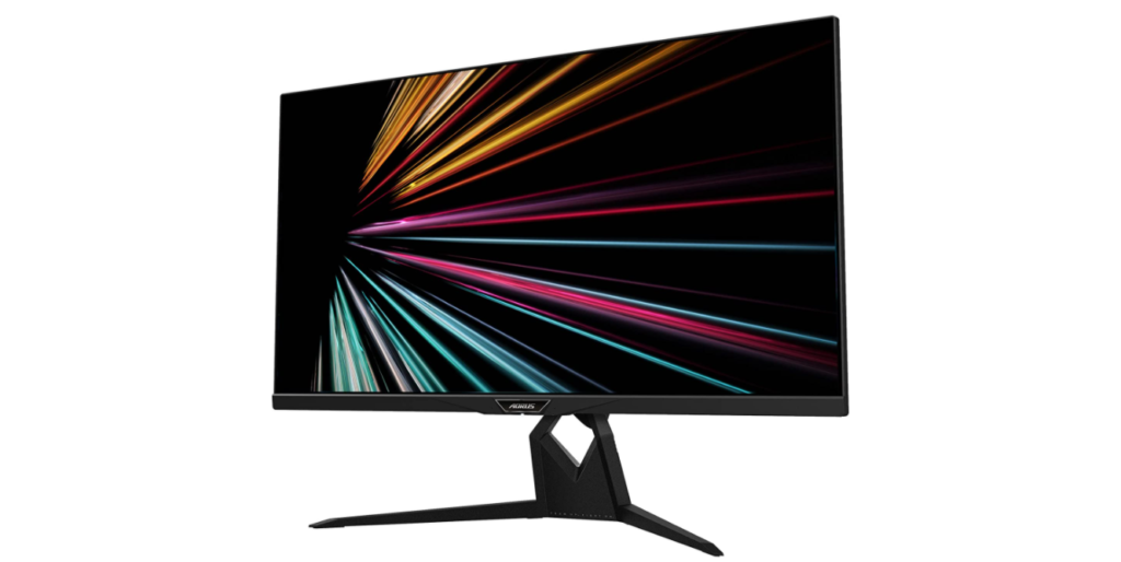 Gigabyte AORUS FI32U product image of a black monitor featuring orange, pink, and light blue lines on a black background on the display.