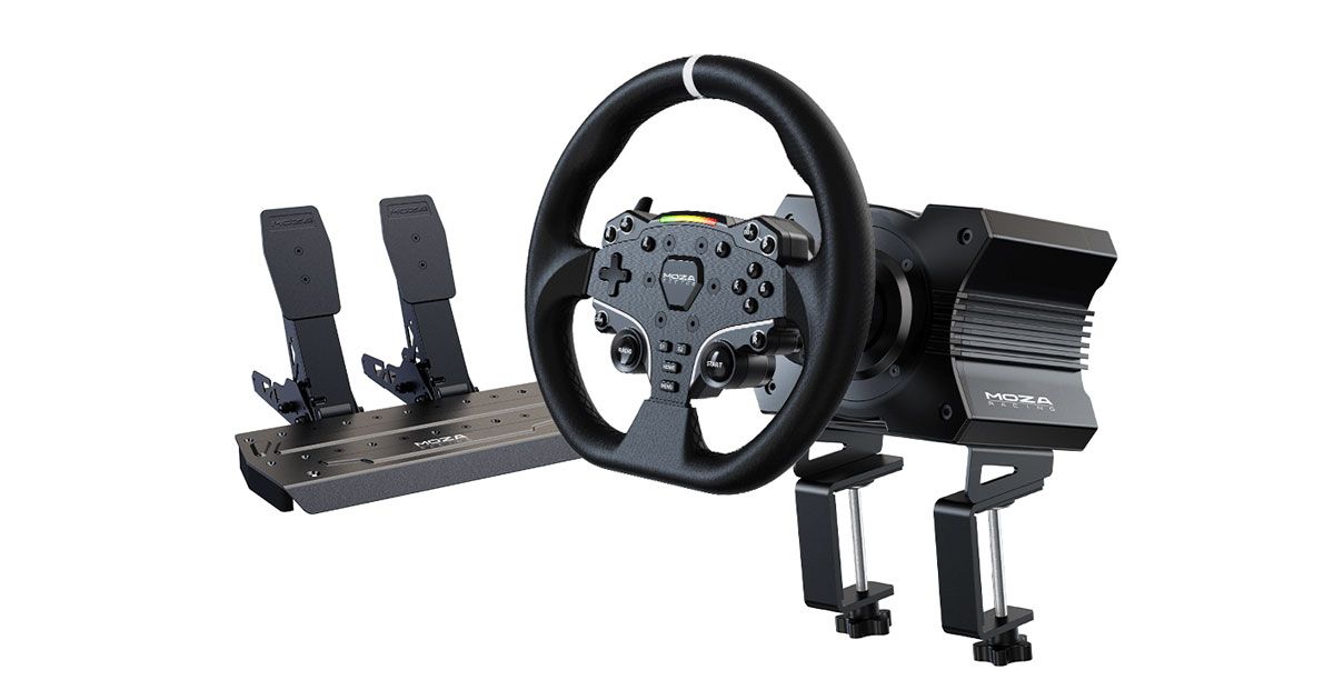 MOZA R5 product image of a black sim racing wheel connected to a wheel base with table clamps beneath, then the whole bundle next to a set of black pedals.