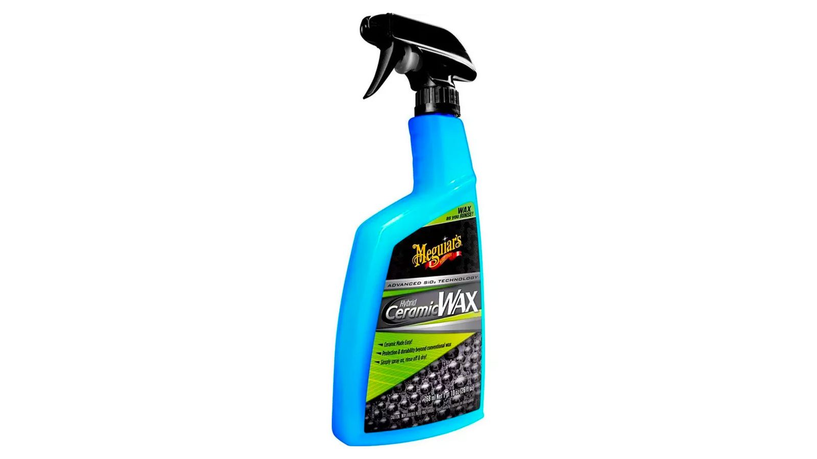 Meguiar's Hybrid Ceramic Wax product image of a blue spray bottle of wax with a green and black label.