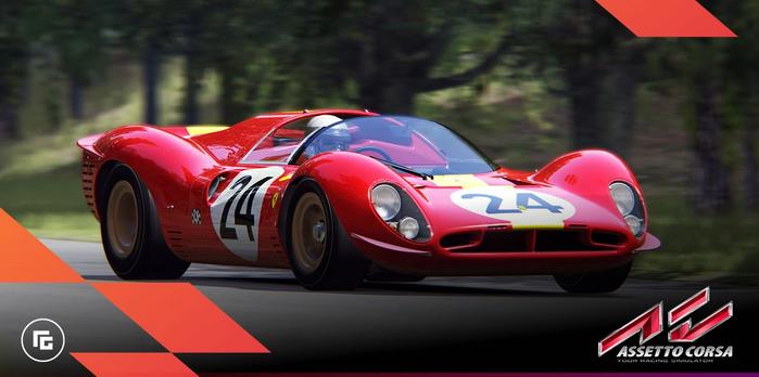 Assetto Corsa in-game image of a vintage red Ferrari with the number 24 printed in black on a white background on the side and front.