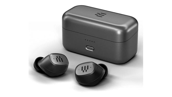 Best headsets for Forza Horizon 5 -  EPOS GTW 270 Hybrid product image of a grey rounded charging case next to two wireless earbuds.