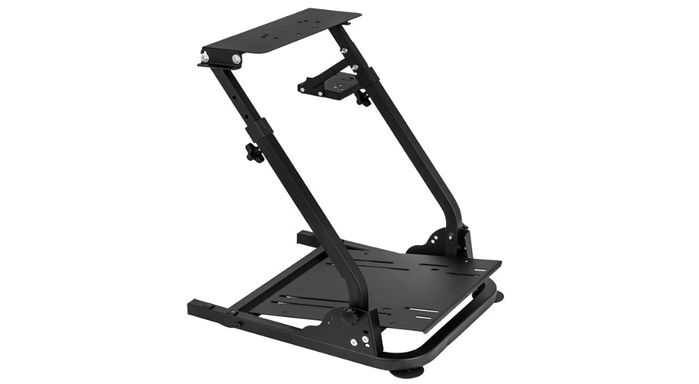 Best racing wheel stand for F1 23 - VEVOR Racing Steering Wheel Stand product image of an all-black stand with gear shifter attachment.