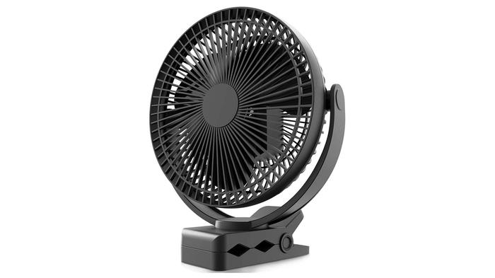 Best car fan KOONIE Rechargeable Portable Fan product image of a small black fan with a clip.