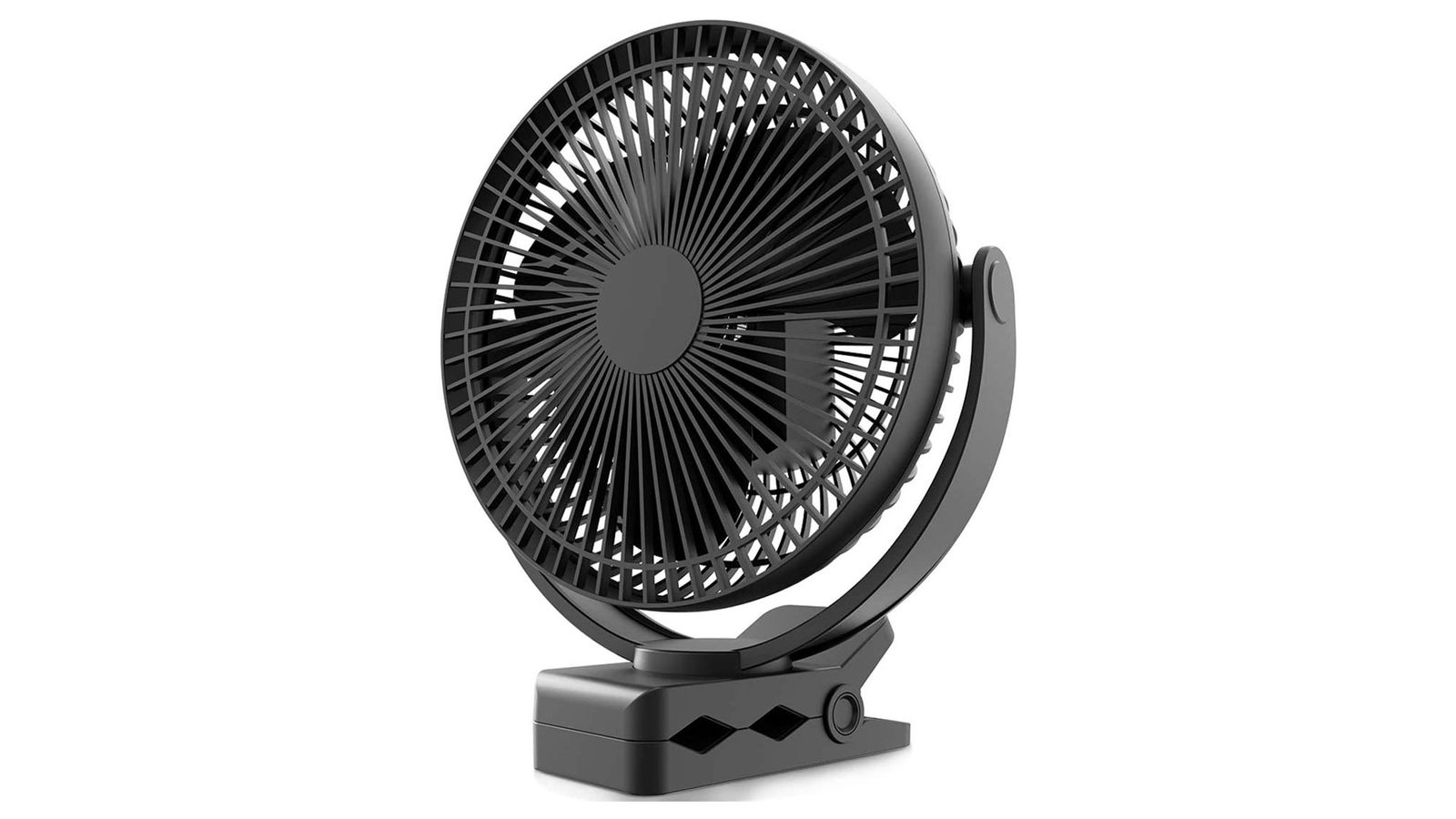 KOONIE Rechargeable Portable Fan product image of a small black fan with a clip.