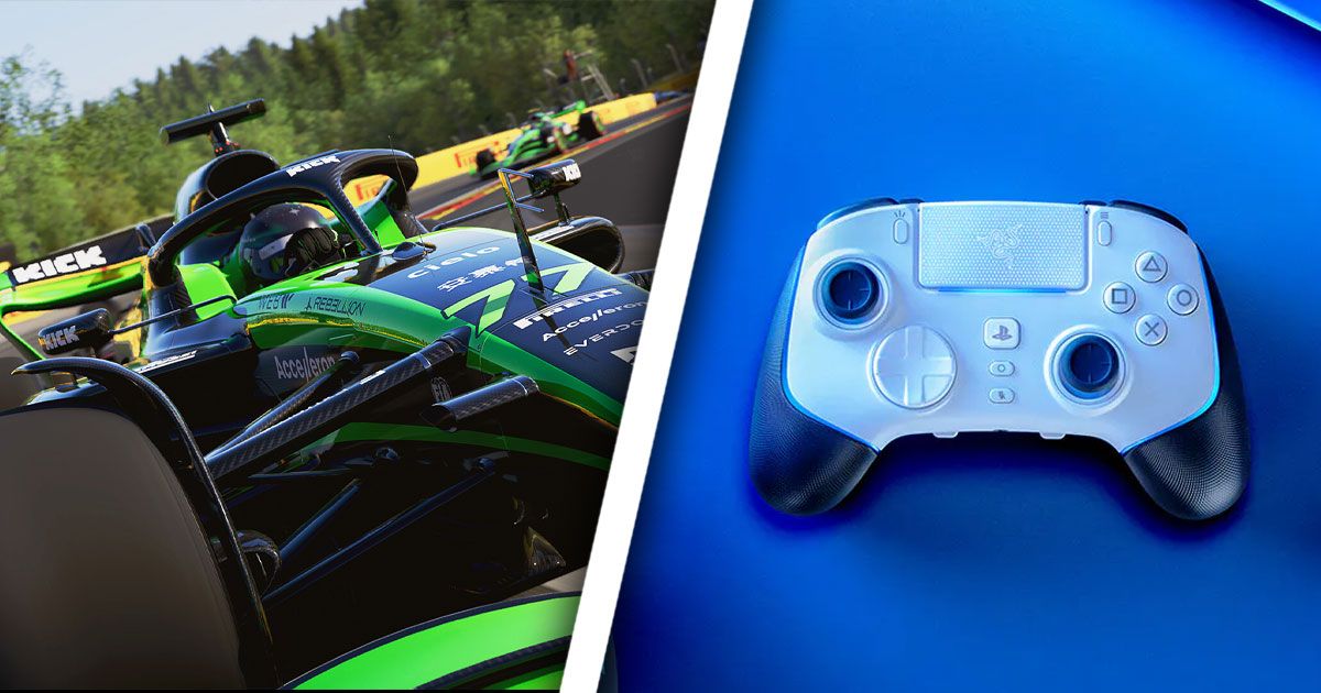 A black and green F1 car from F1 24 on one side of a white line. On the other, and white and black Razer controller bathed in blue light.