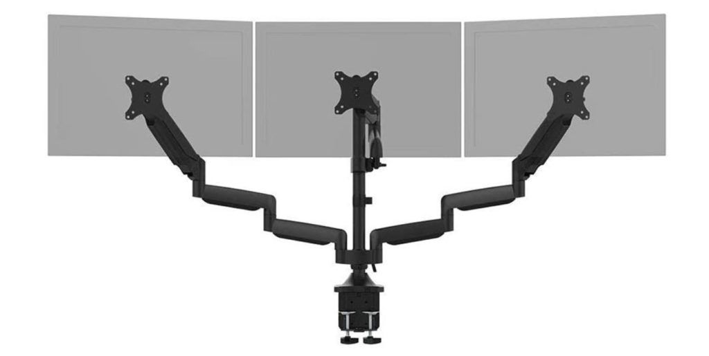 Monoprice Triple Monitor Mount of an all-black, adjustable triple monitor stand.