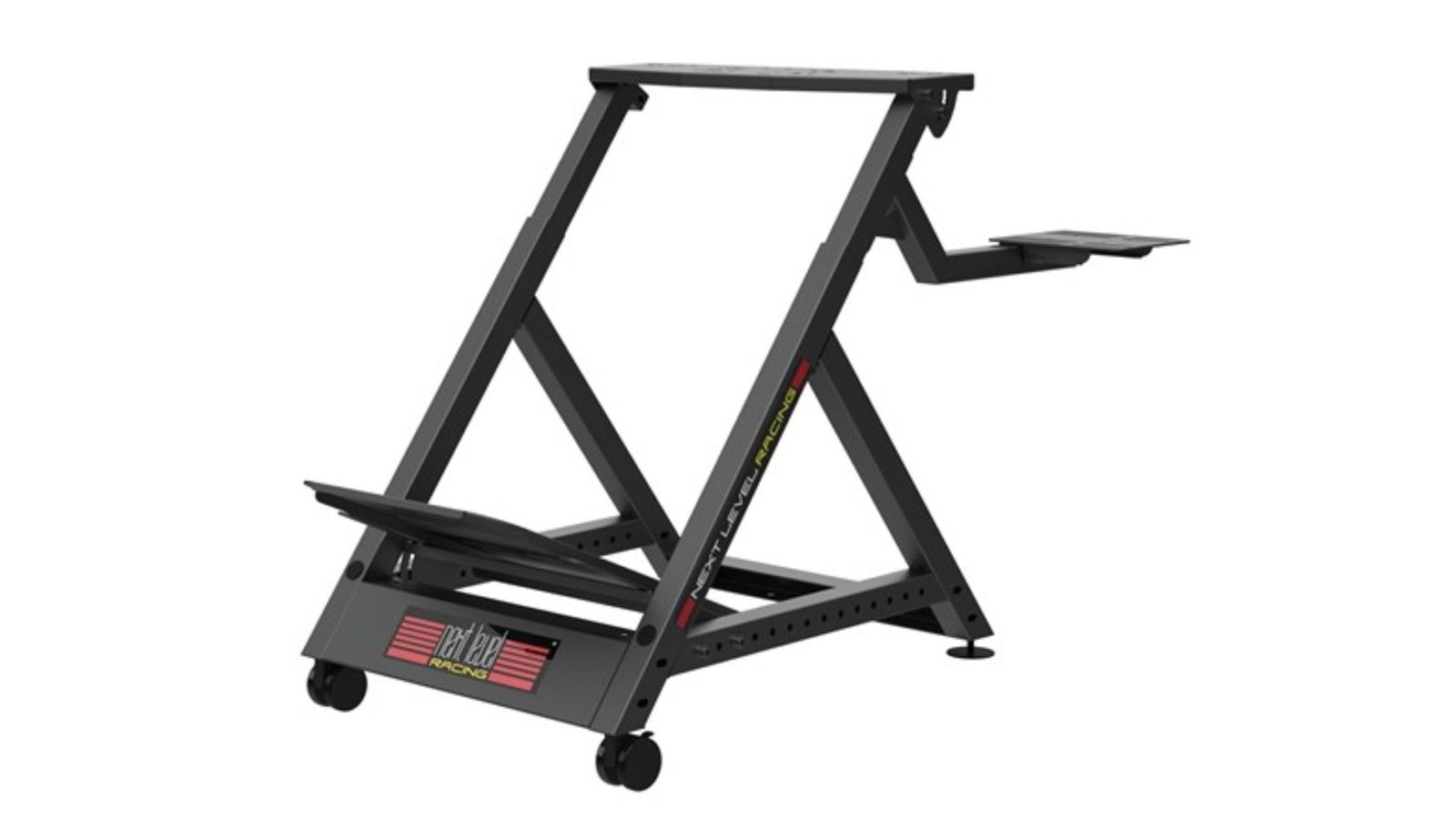 Next Level Racing Wheel Stand DD product image of a black stand featuring red details.