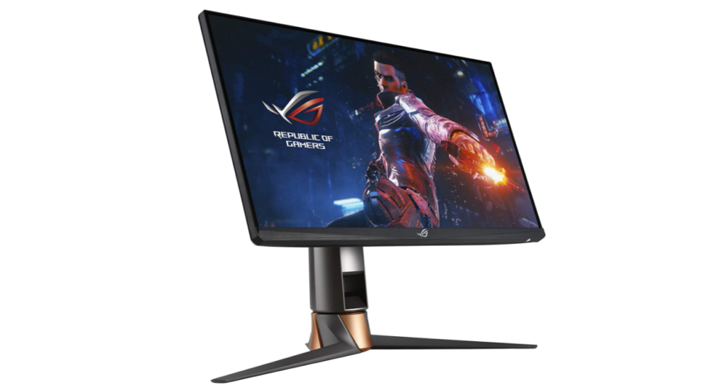 ASUS ROG Swift PG259QNR product image of a grey monitor with a video game character along with ROG branding on the display.