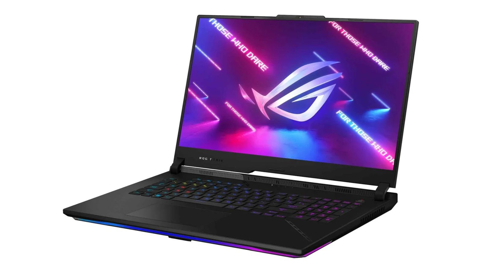 ASUS Strix Scar 17 product image of a black laptop featuring multicoloured back-lit keys and blue, purple, and red ASUS branding on the display.
