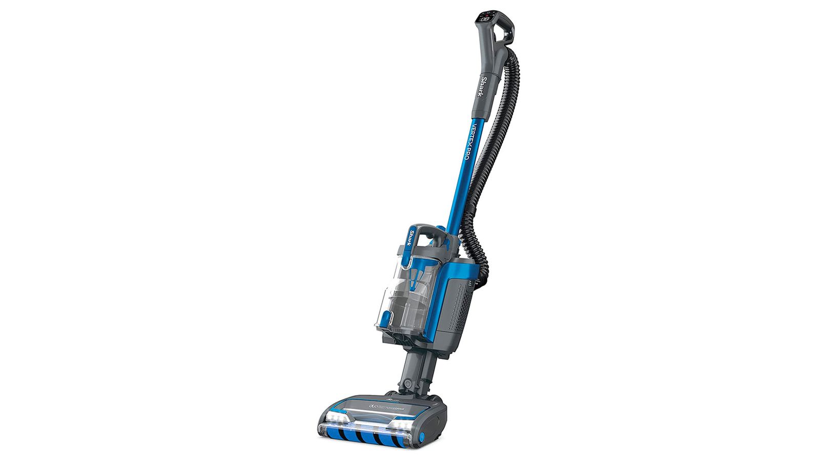 Shark Vertex Pro product image of a blue and grey upright vacuum.