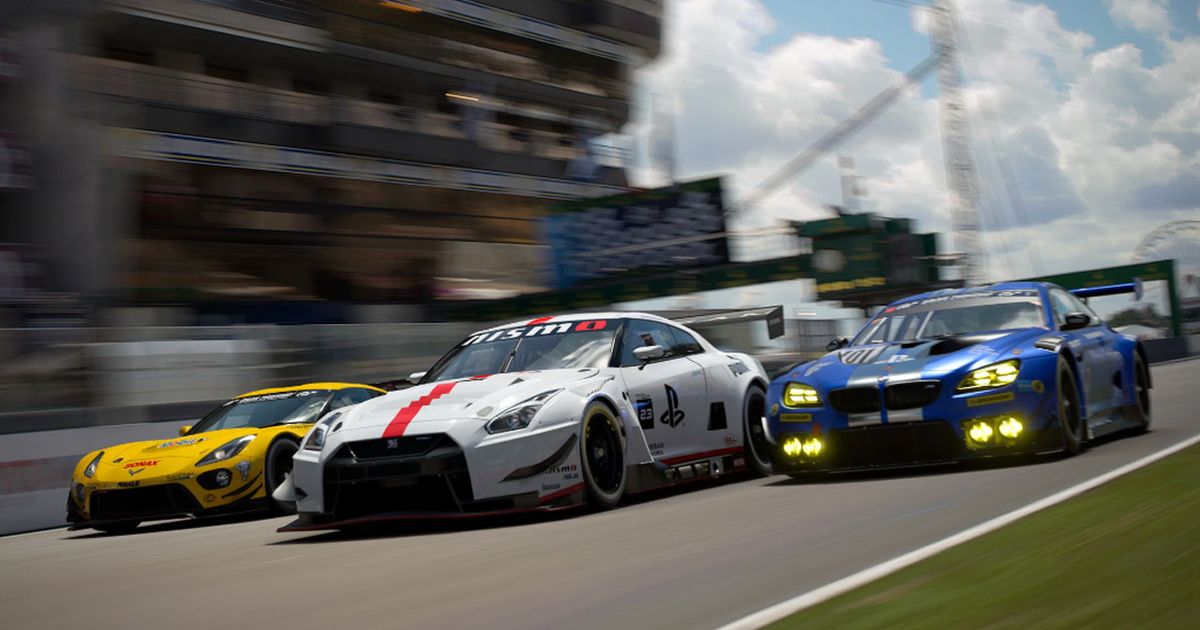 Gran Turismo 7 in-game image of yellow, white, and blue cars racing side-by-side on a track.